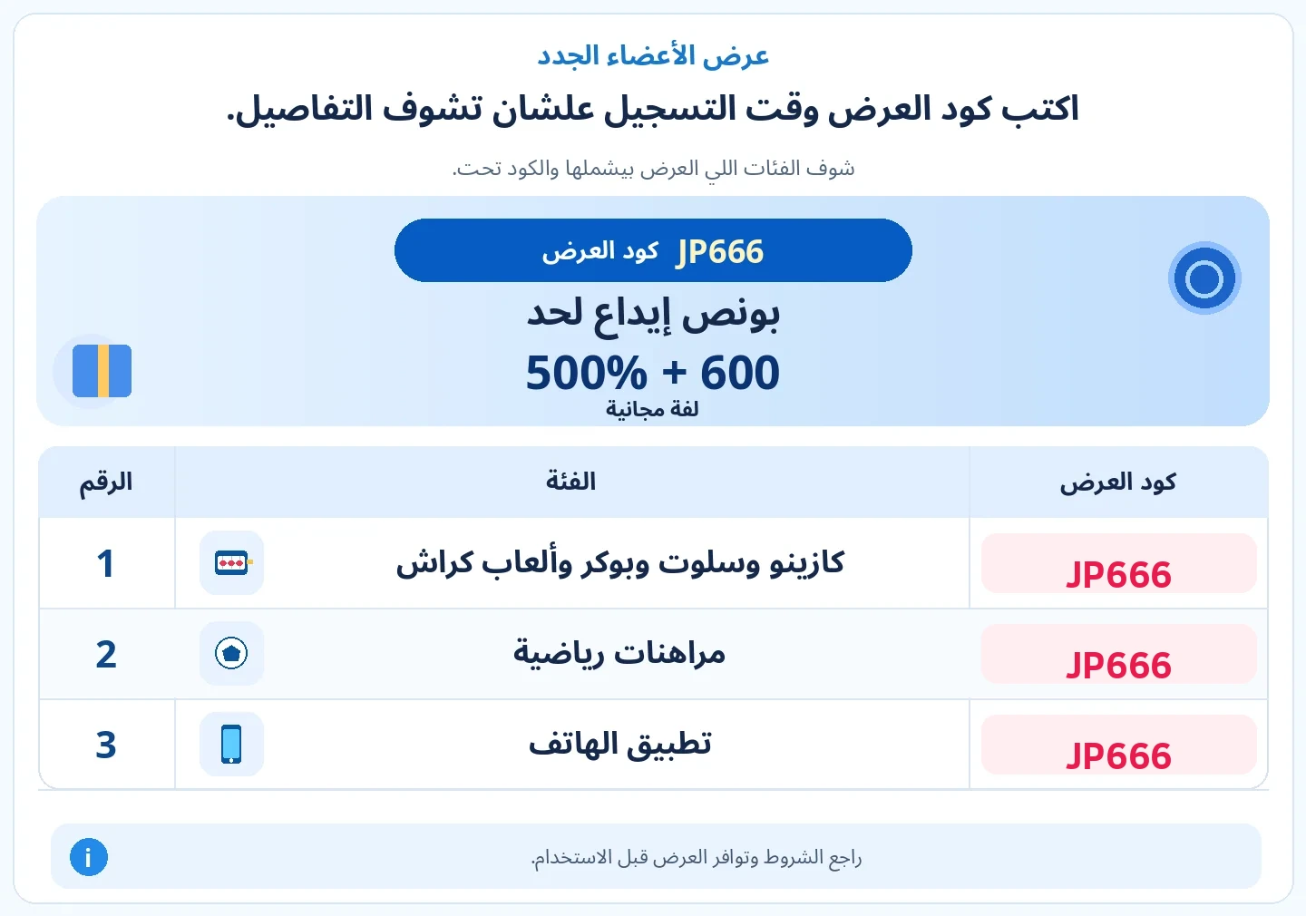 اكتب كود العرض وقت التسجيل علشان تشوف مكافأة الترحيب. بونص إيداع لحد ٥٠٠٪ مع ٦٠٠ لفة مجانية; كازينو وسلوت وبوكر وألعاب كراش, مراهنات رياضية, تطبيق أندرويد / iOS — JP666