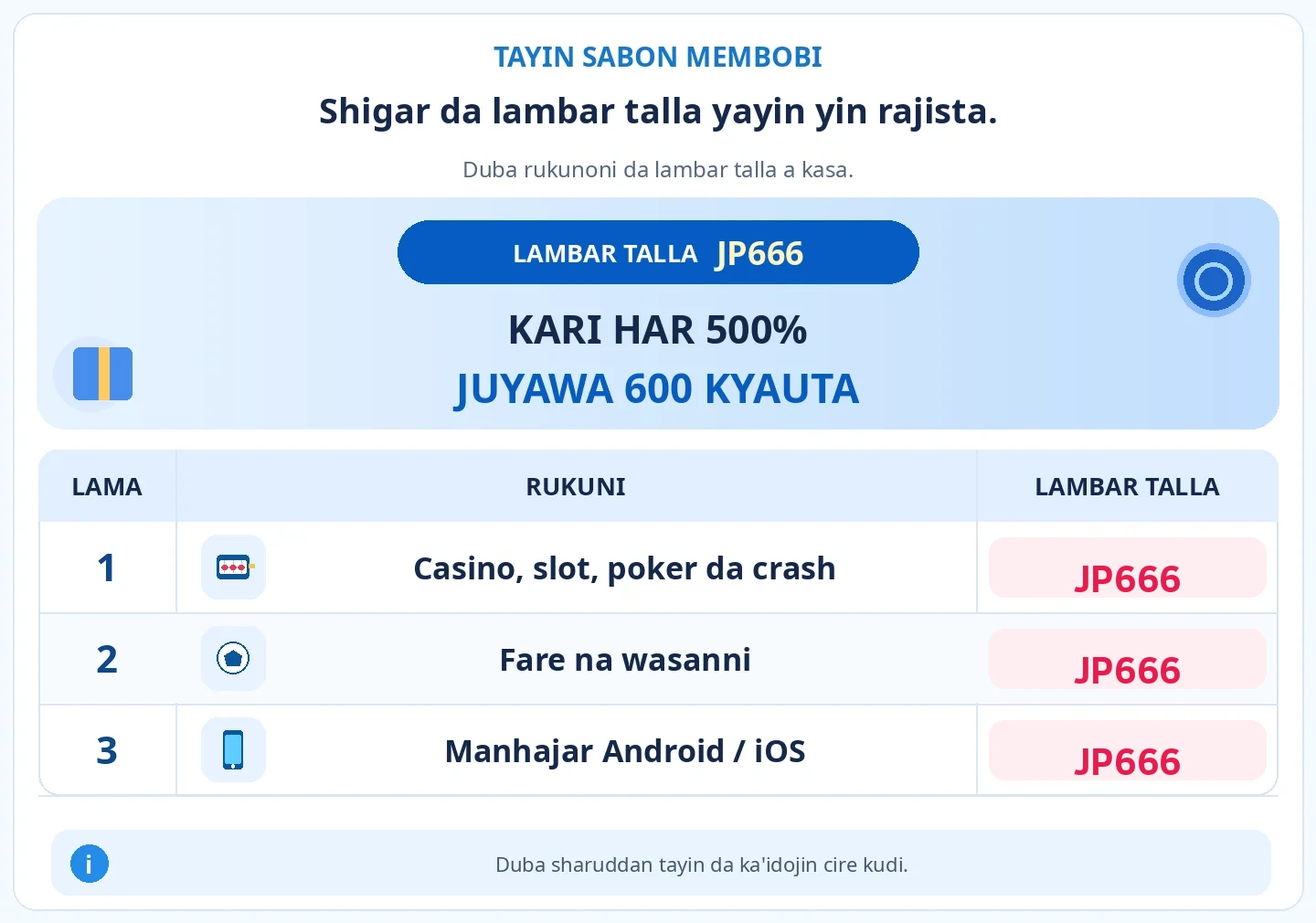 Shigar da lambar talla yayin rajista don ganin tayin maraba. KARI NA AJIYA HAR 500% + JUYAWA 600 KYAUTA; Casinò, slot, poker da wasannin crash, Fare na wasanni, Manhajar Android / iOS — JP666
