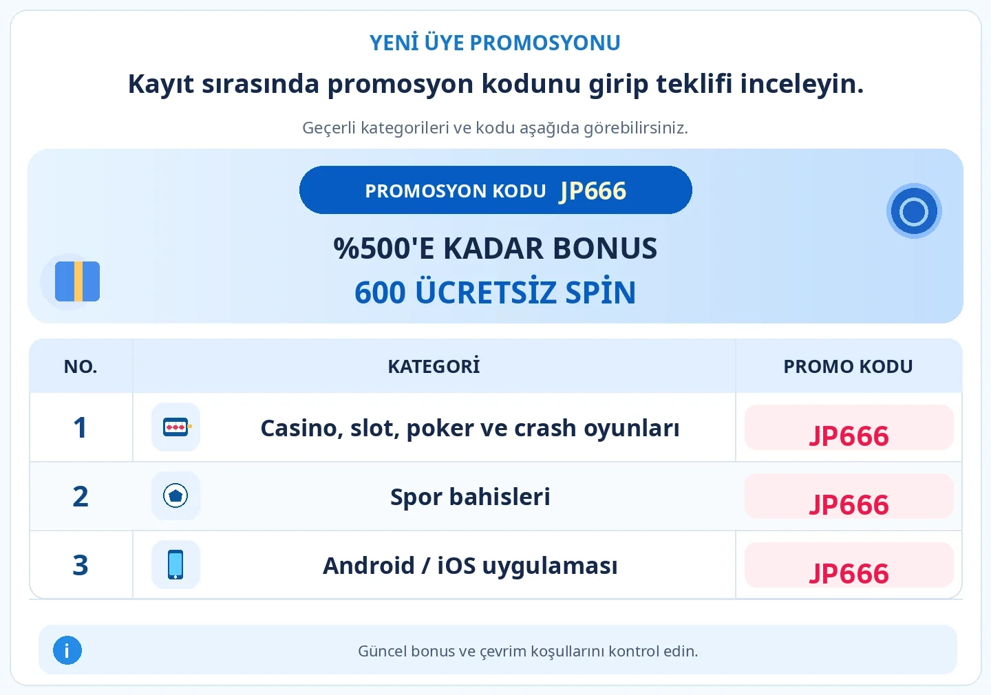Hoş geldin teklifini görmek için kayıt sırasında promosyon kodunu girin. %500’E KADAR YATIRIM BONUSU + 600 ÜCRETSİZ SPİN; Casino, slot, poker, crash oyunları, Spor bahisleri, Android / iOS uygulaması — JP666